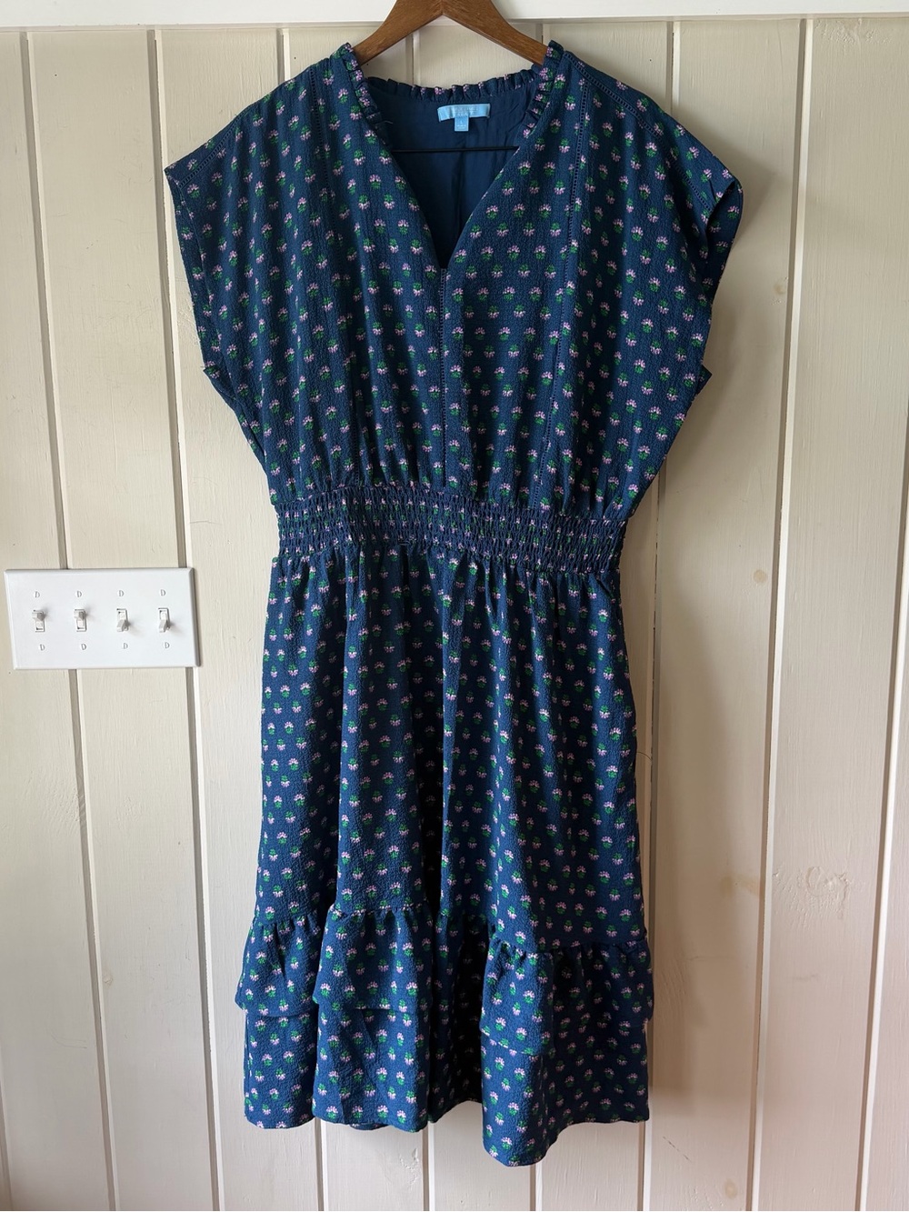 Draper James Navy W/ Purple Floral Smocked-Waist Ruffle Midi Dress, Size L, NWOT